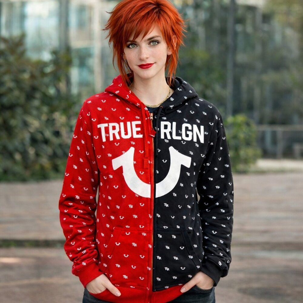 True Religion Zip Up Red White Black Logo Hoodie, Size Large (NWT)